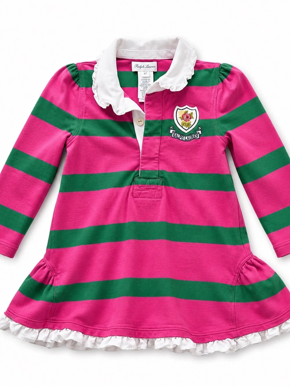 Ralph Lauren Fuchsia & Green Striped Girls' Rugby Dress with White Ruffle Collar